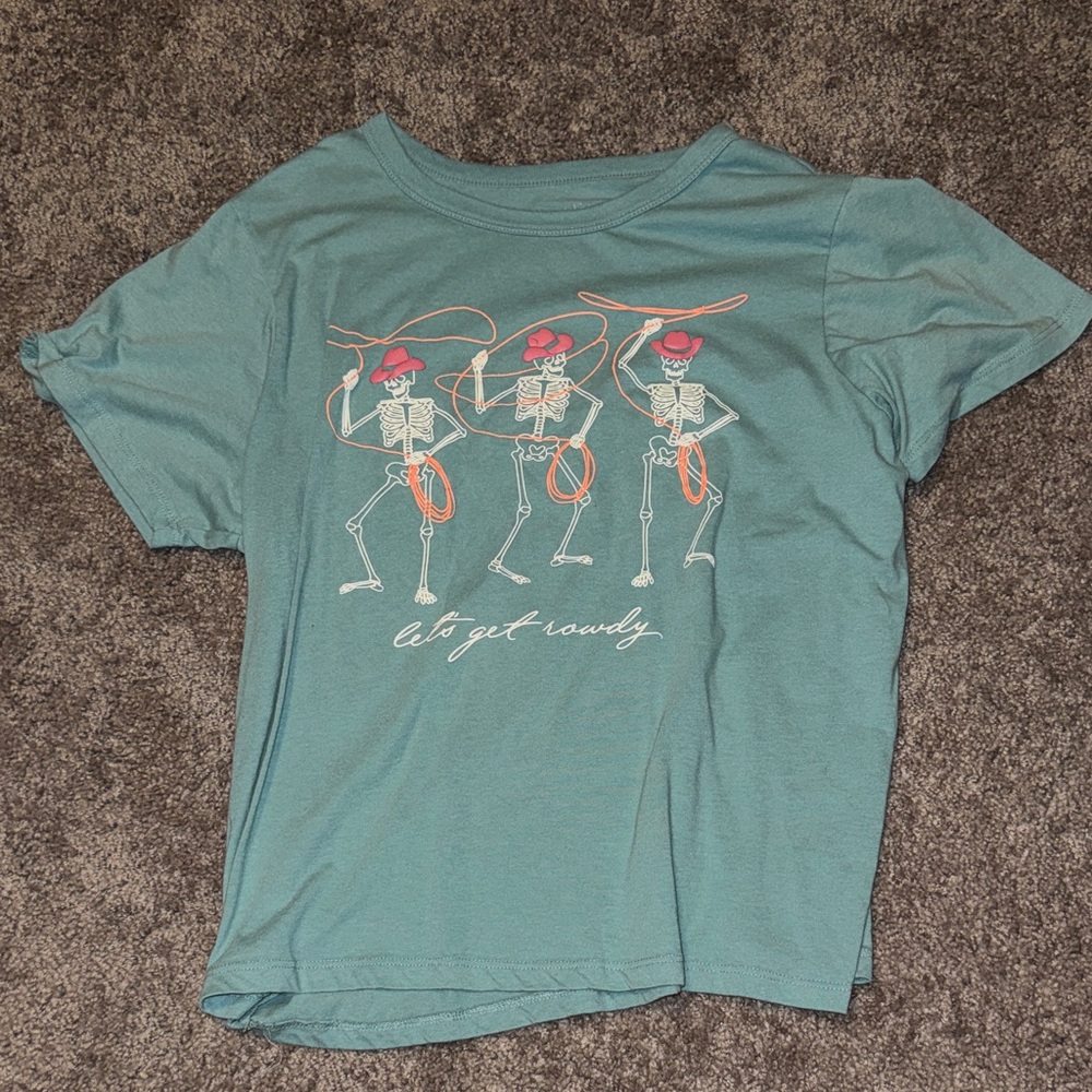 Zoe + Liv Teal Tee with Dancing Skeletons